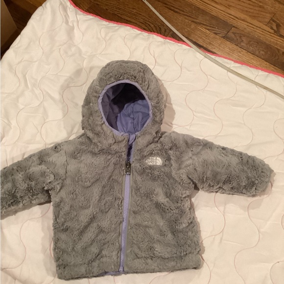 North Face infant reversible moss bud swirl hooded fleece winter jacket. Sz 3/6M - Picture 11 of 15